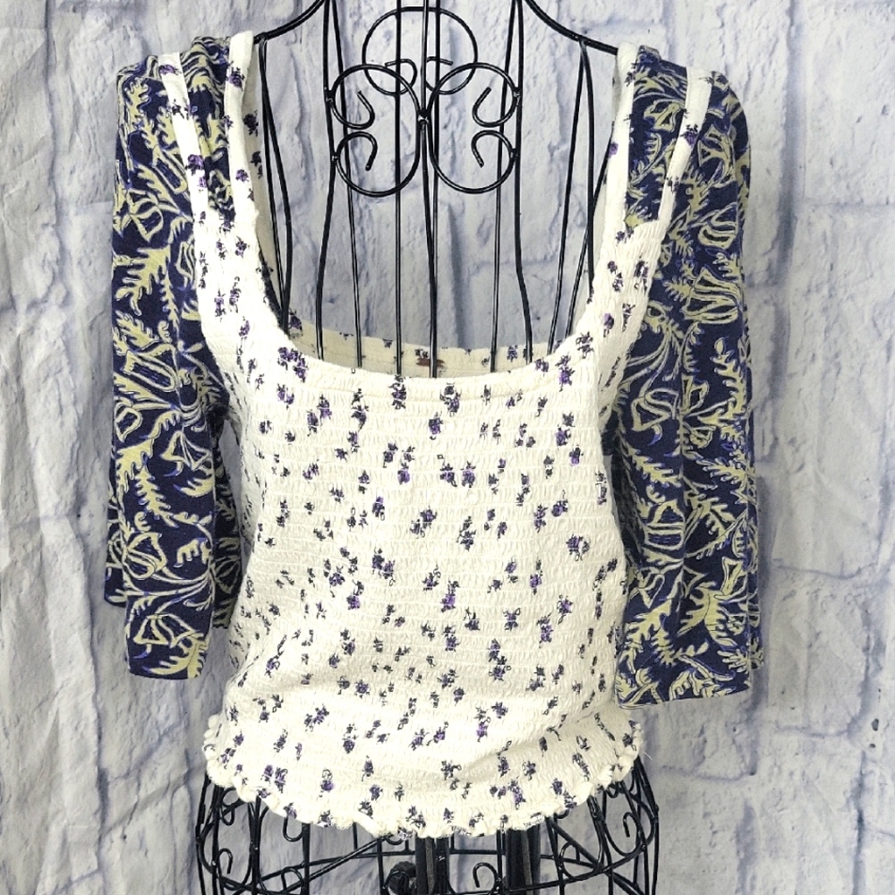 Free People White and Blue Floral Crop Top